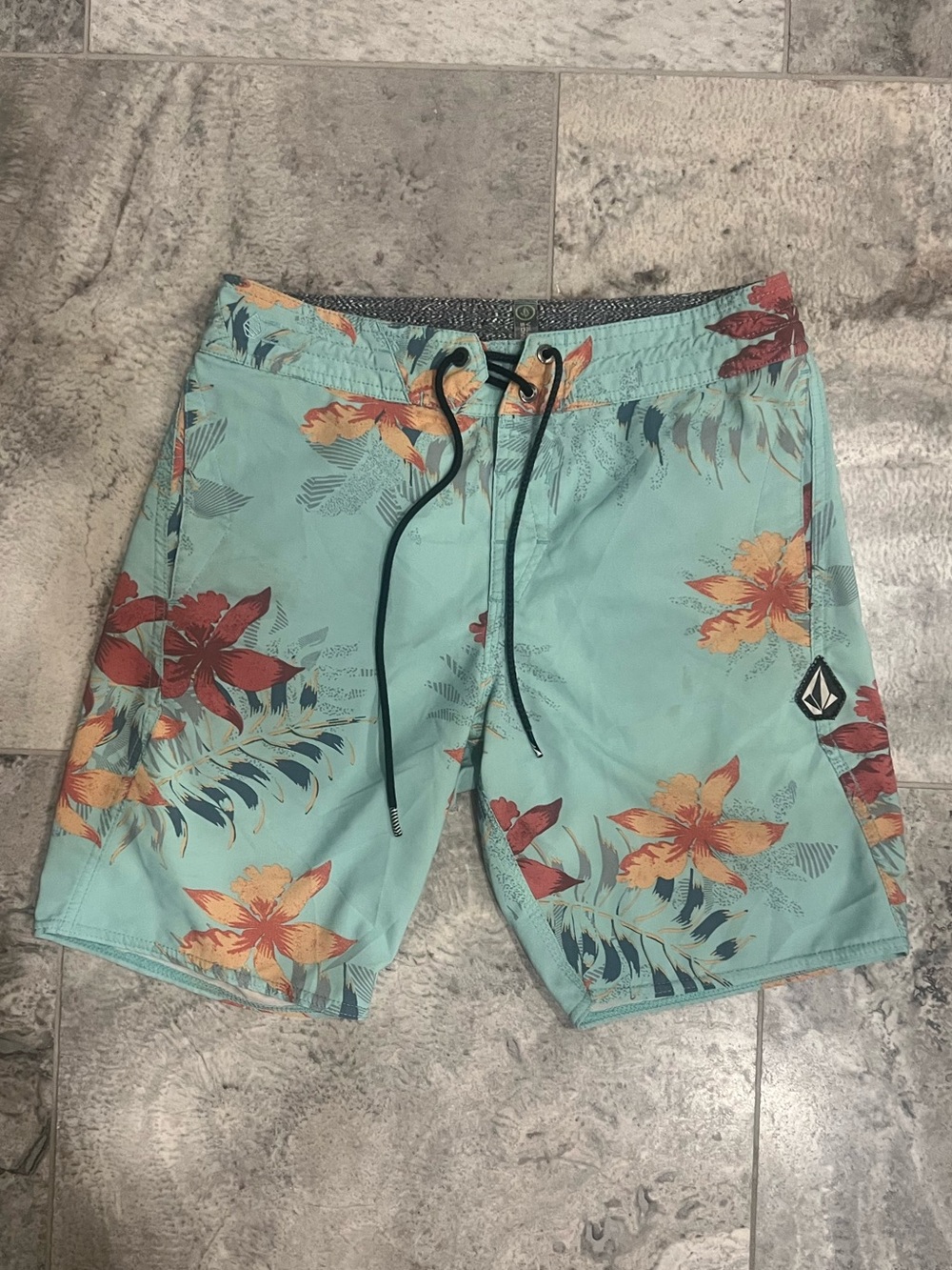 Volcom Men’s Teal Floral Board Shorts with Orange & Red Accents